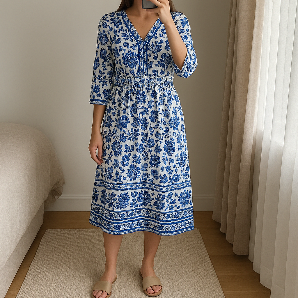 Cotton summer. V neck dress standing straight facing the camera, in a softly lit bedroom setting, with gentle natural light filtering through a window.