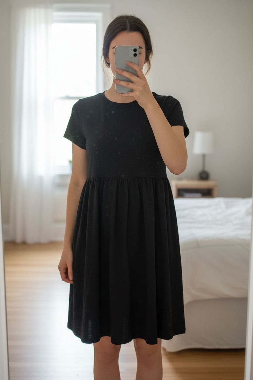 Eine Person in Süßes, schlichtes T Shirt Kleid | Gr. XS aufrecht stehend, der Kamera zugewandt, mit schlanker Figur, in einem sanft beleuchteten Schlafzimmer, mit natürlichem Licht, das durch ein Fenster fällt.