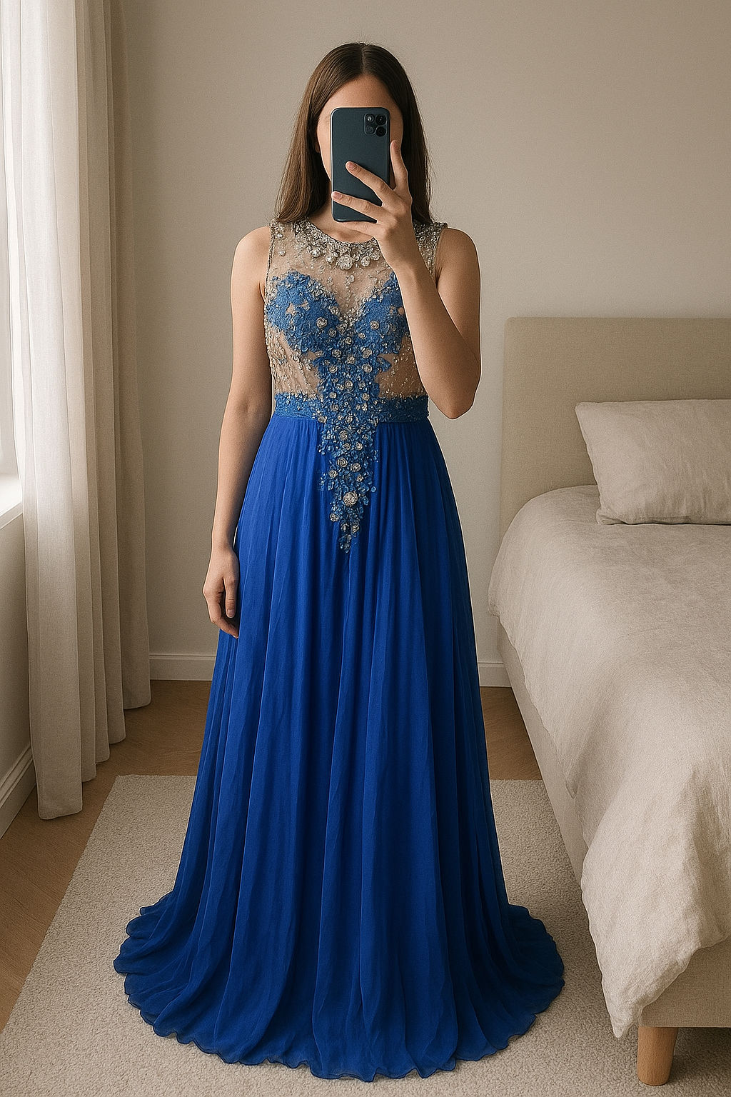 Blue Prom Dress standing straight facing the camera, in a softly lit bedroom setting, with gentle natural light filtering through a window.