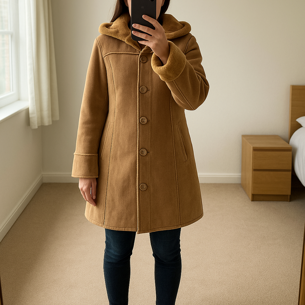 Vicky Smith London Faux Sheepskin Single Breasted Hooded Coat - Large standing straight facing the camera, in a softly lit bedroom setting, with gentle natural light filtering through a window.