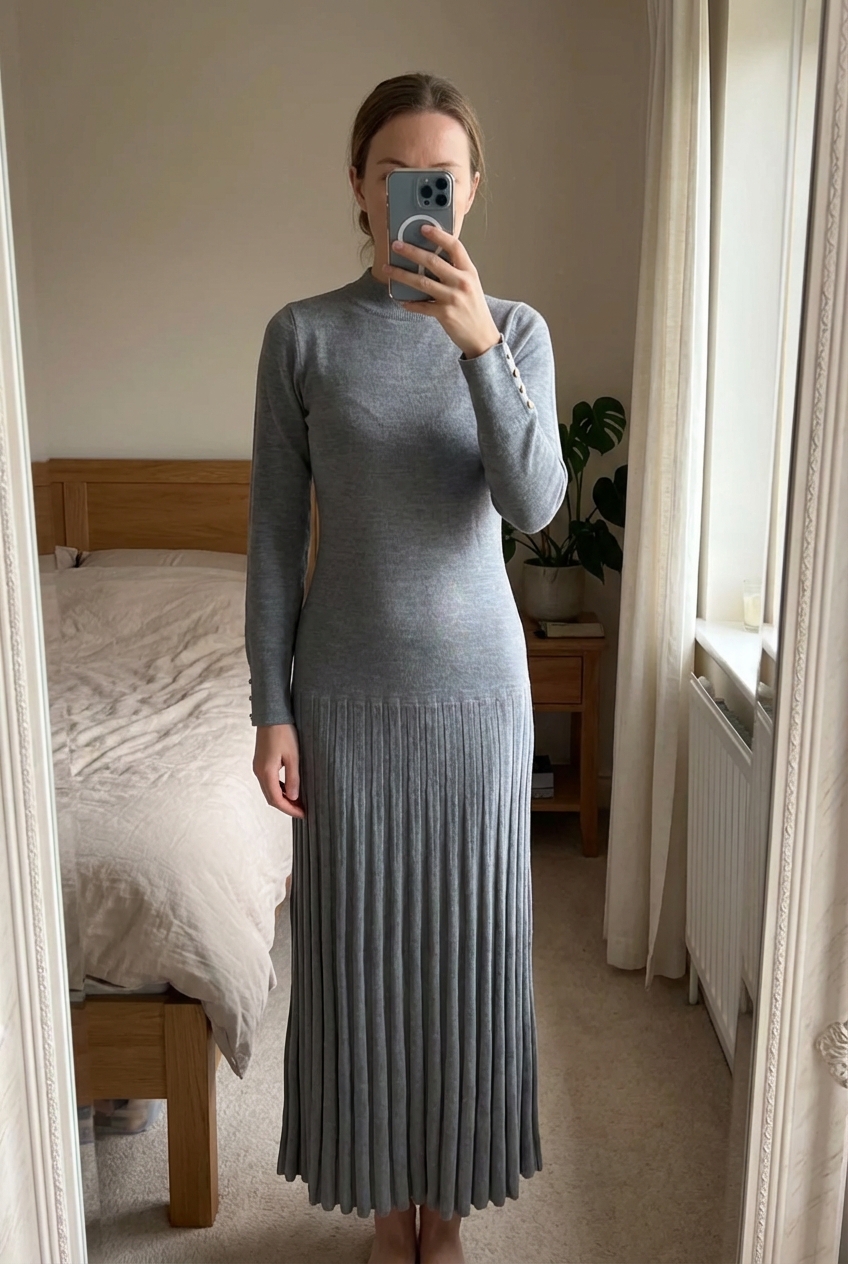 Robe longue en maille Claudie Pierlot T 36 neuf debout, face à la caméra, dans une chambre à la lumière douce, avec une lumière naturelle filtrant par la fenêtre.