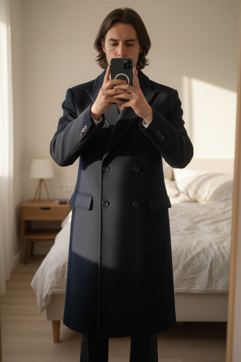 Une personne en Manteau Kenzo Homme Blue t52 slim debout, face à la caméra, dans une chambre à la lumière douce, avec une lumière naturelle filtrant par la fenêtre.