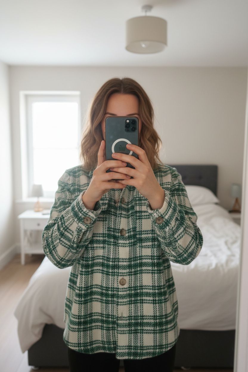 Hobbs Green & Cream Check Jacket – Size 10 standing straight facing the camera, in a softly lit bedroom setting, with gentle natural light filtering through a window.