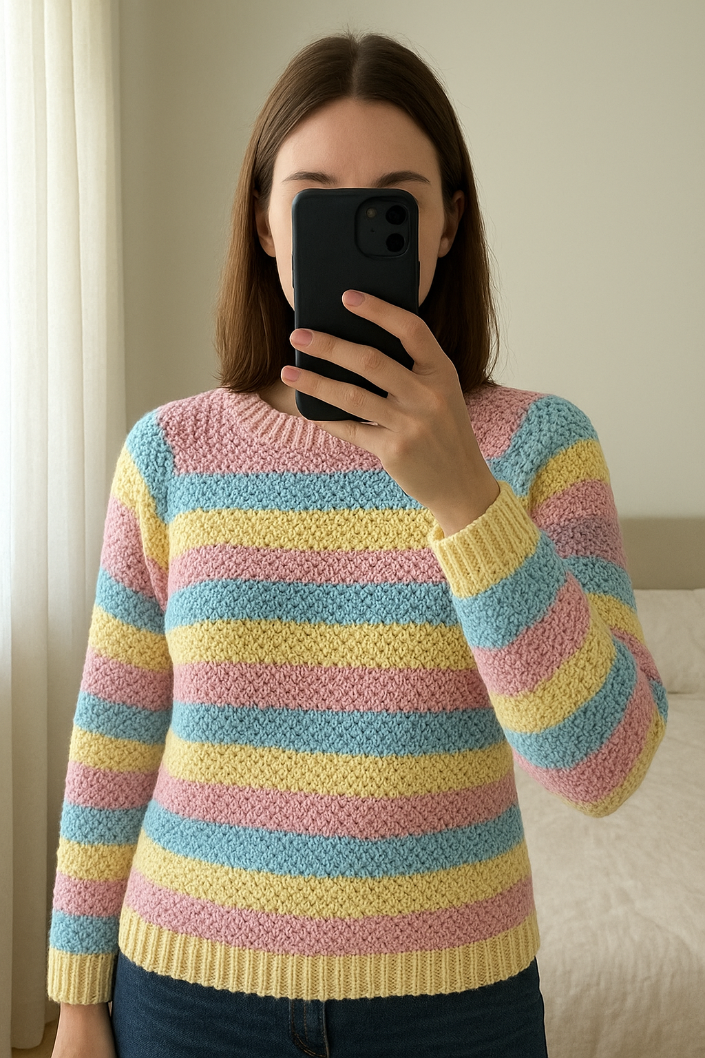 Maglione arcobaleno in piedi, rivolto verso la fotocamera, in una camera da letto con luce soffusa e luce naturale che filtra dalla finestra.