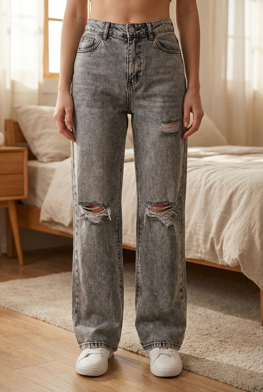 👖 Jean Shein gris délavé déchiré debout, face à la caméra, dans une chambre à la lumière douce, avec une lumière naturelle filtrant par la fenêtre.