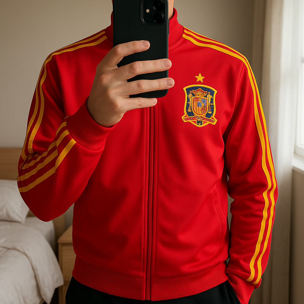 Veste Vintage Sélection Nationale Espagne floqué David Villa saison 2010 debout, face à la caméra, dans une chambre à la lumière douce, avec une lumière naturelle filtrant par la fenêtre.