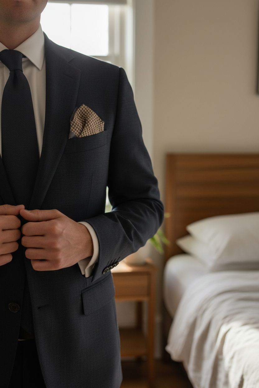 Pañuelo de bolsillo de pata de gallo gris y camel de pie, mirando a la cámara, en un dormitorio con luz suave y natural filtrándose por la ventana.