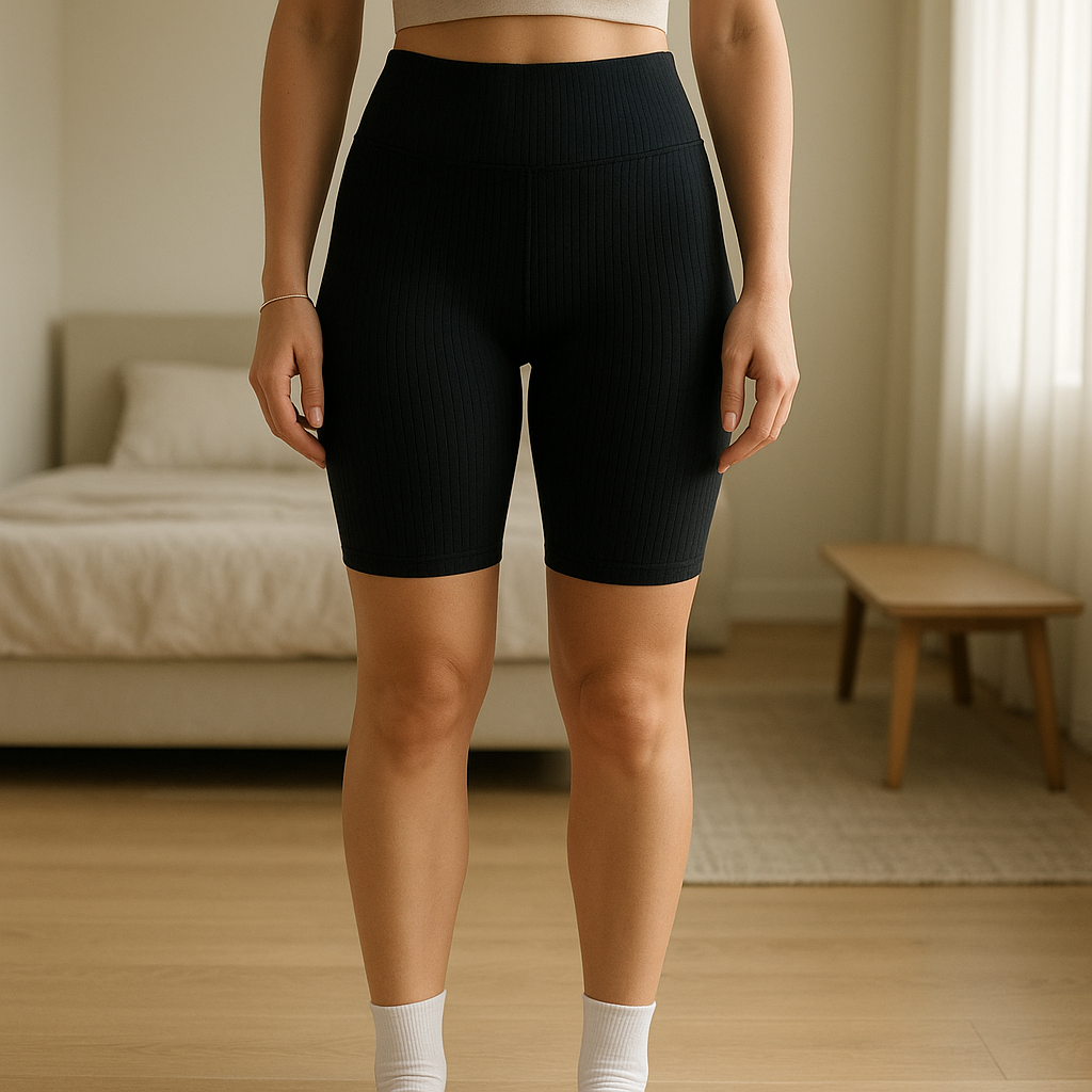 Short de sport debout, face à la caméra, dans une chambre à la lumière douce, avec une lumière naturelle filtrant par la fenêtre.