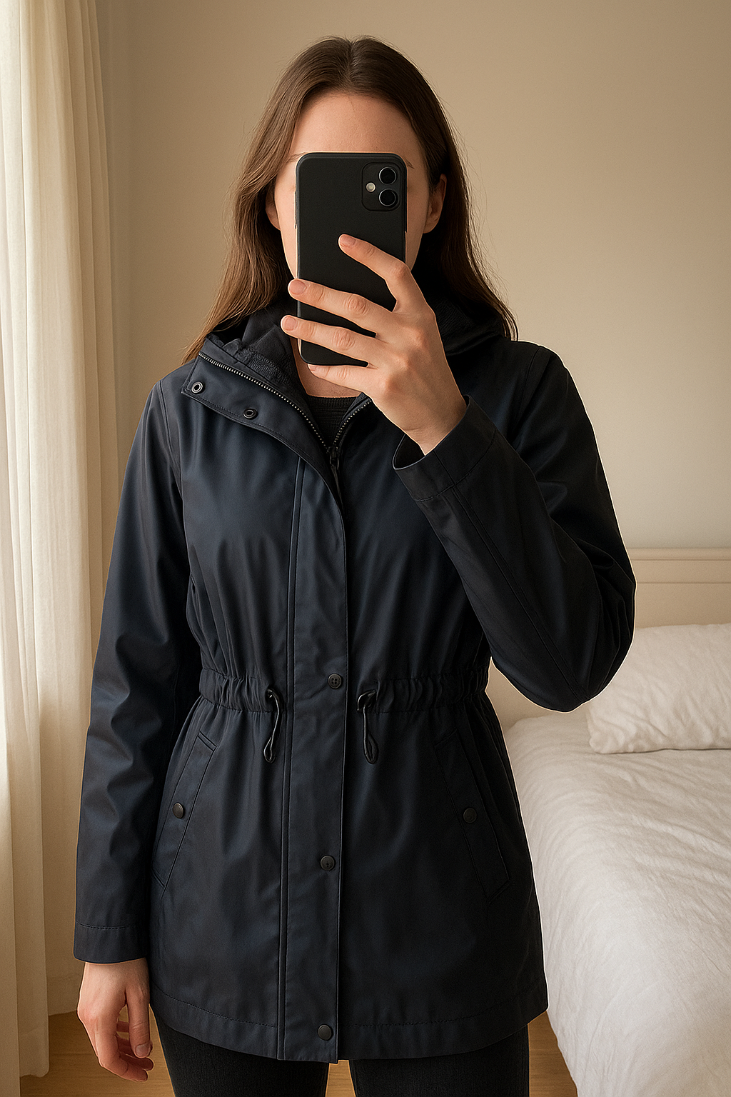 Holland Cooper Chartwell Raincoat standing straight facing the camera, in a softly lit bedroom setting, with gentle natural light filtering through a window.