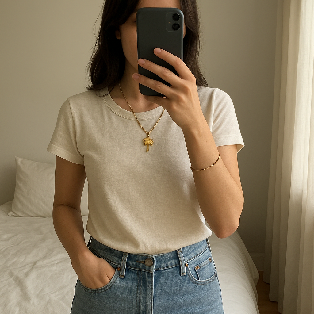 Bijoux debout, face à la caméra, dans une chambre à la lumière douce, avec une lumière naturelle filtrant par la fenêtre.