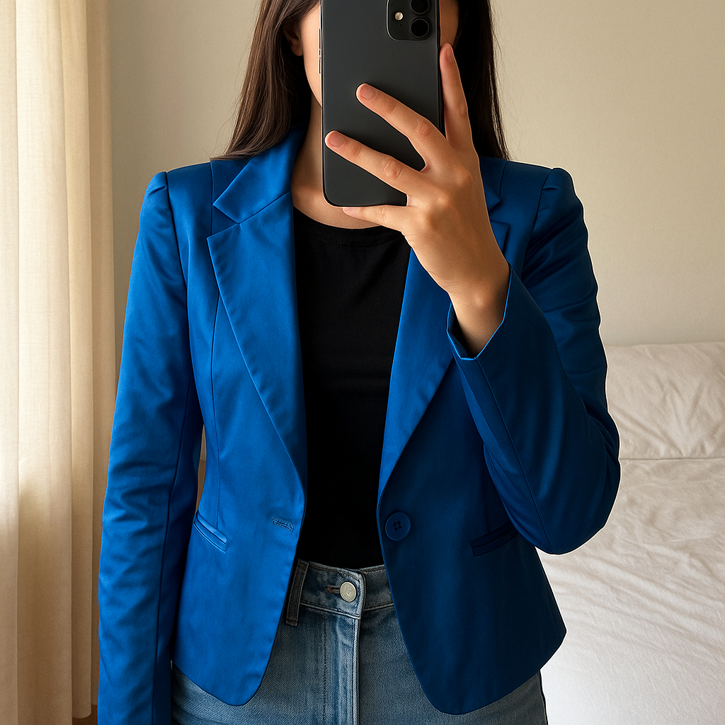 Blazer bleu électrique S - Giacca blazer donna in piedi, rivolto verso la fotocamera, in una camera da letto con luce soffusa e luce naturale che filtra dalla finestra.