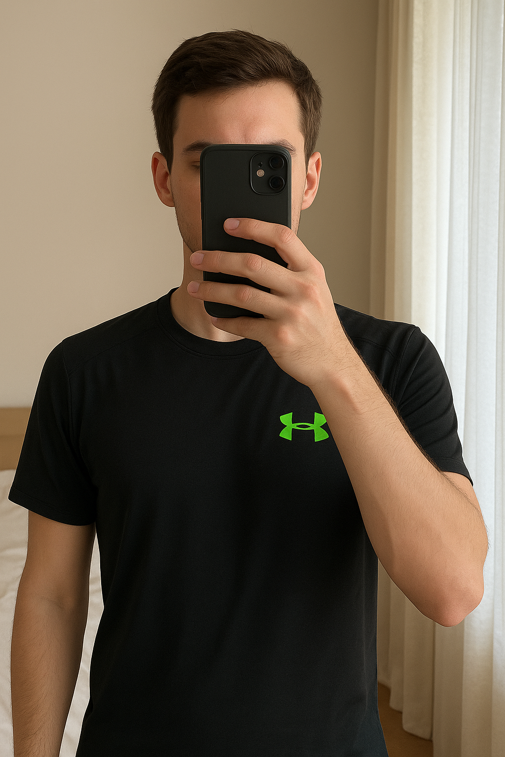 T-shirt compression under amour debout, face à la caméra, dans une chambre à la lumière douce, avec une lumière naturelle filtrant par la fenêtre.