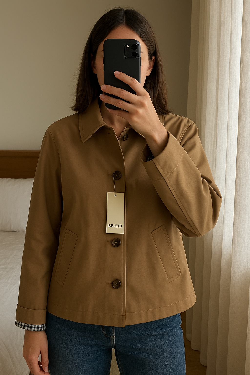 Trench Beige avec deux poche en coton debout, face à la caméra, dans une chambre à la lumière douce, avec une lumière naturelle filtrant par la fenêtre.