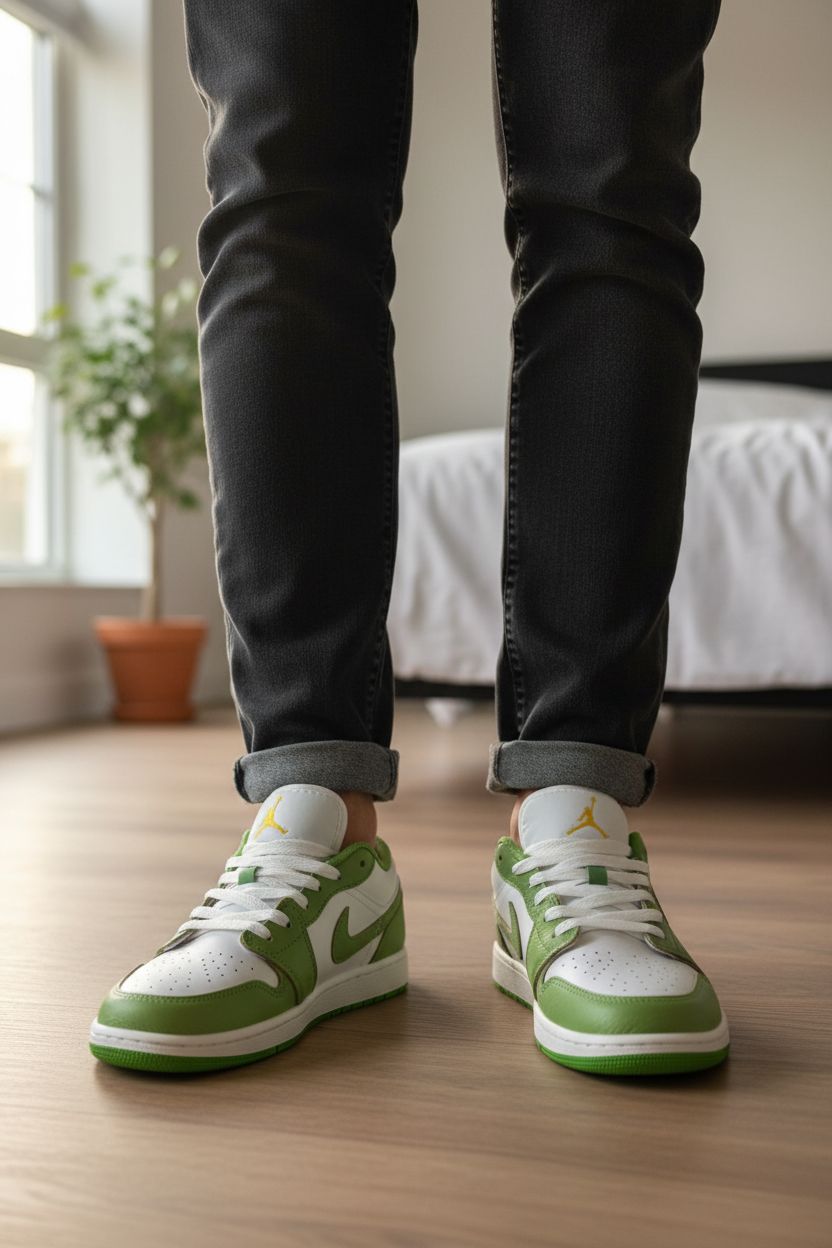 Boys size 4 Air Jordan trainers, White and Green standing straight facing the camera, in a softly lit bedroom setting, with gentle natural light filtering through a window.