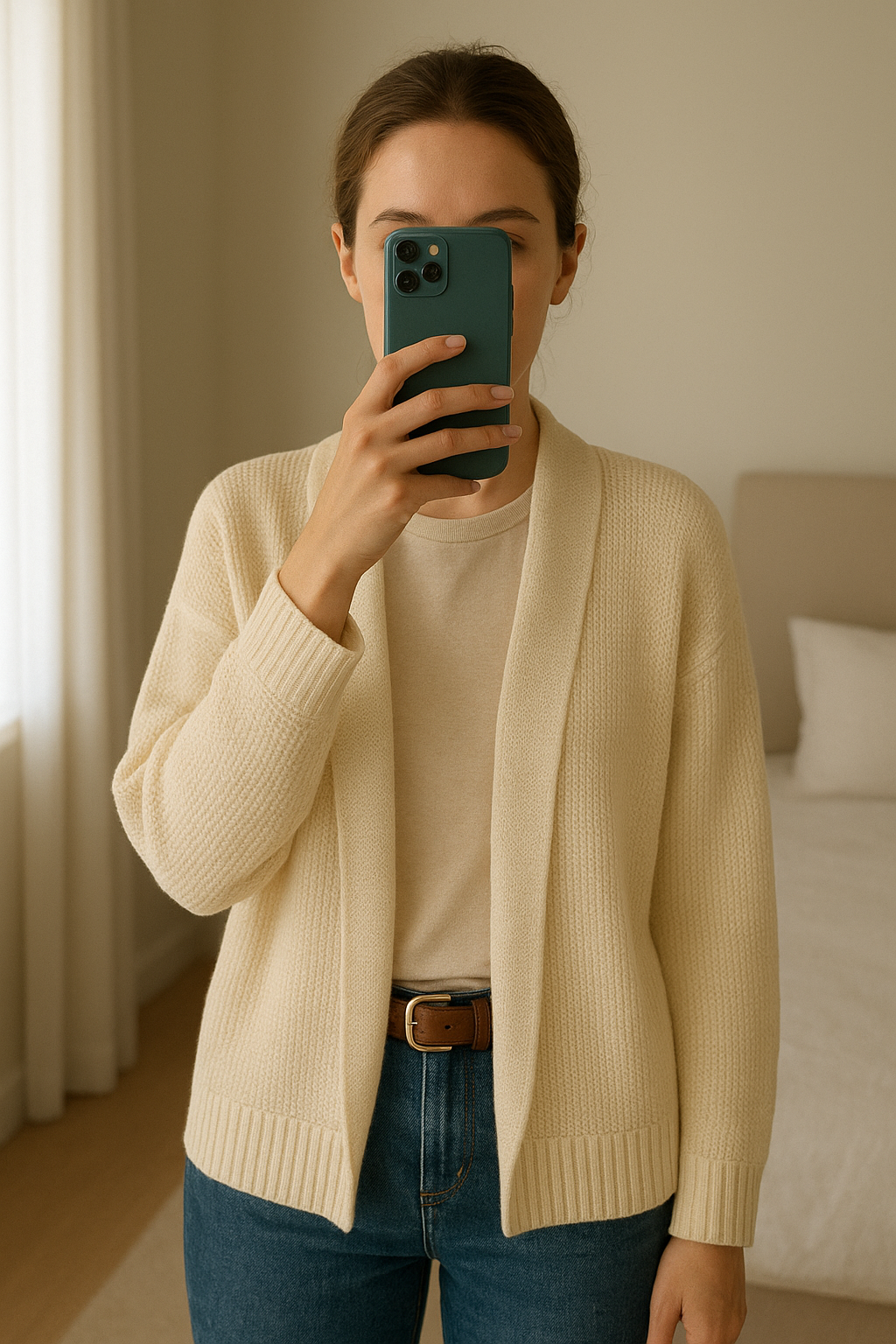 Cárdigan Punto Zara M de pie, mirando a la cámara, en un dormitorio con luz suave y natural filtrándose por la ventana.