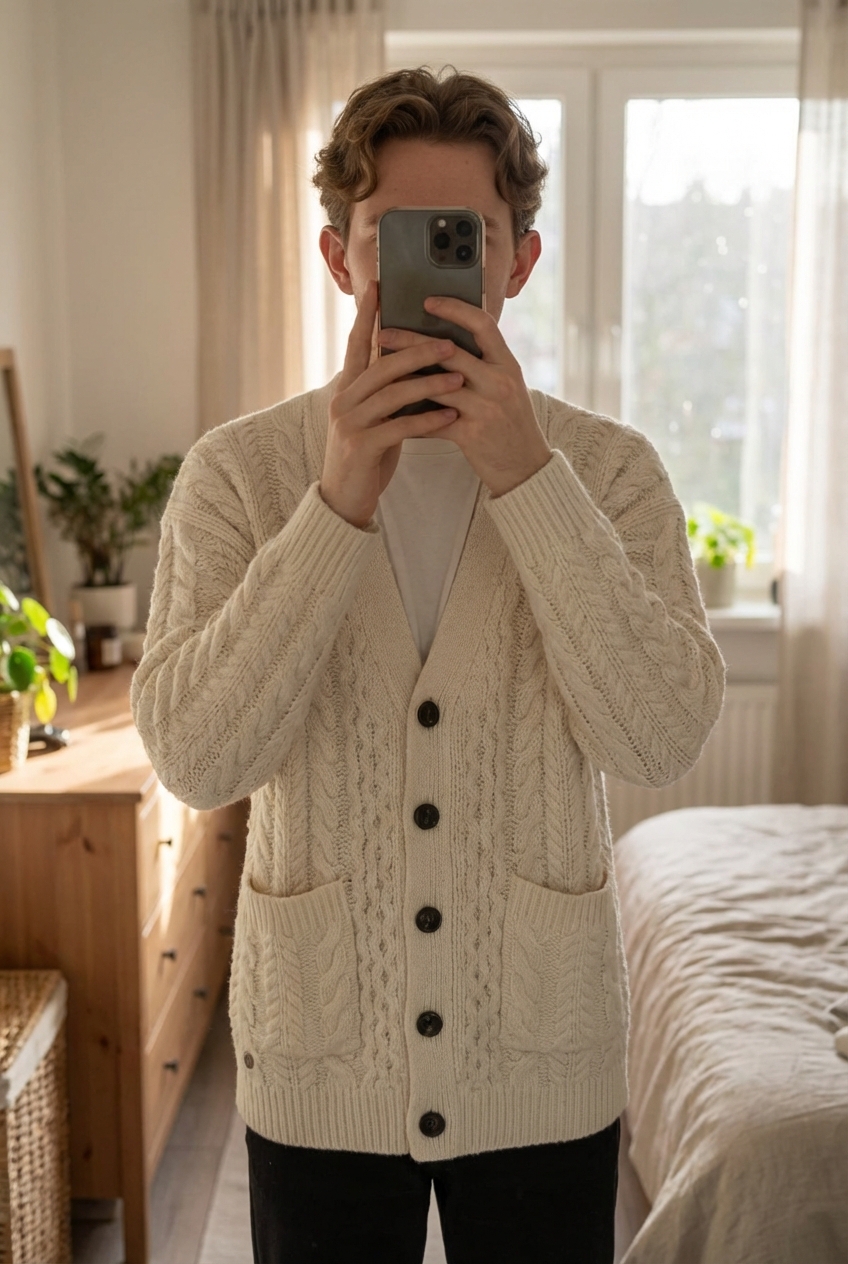 Cardigan punto ochos de pie, mirando a la cámara, en un dormitorio con luz suave y natural filtrándose por la ventana.