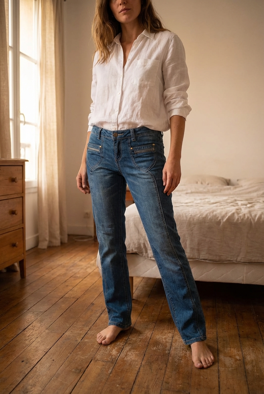 Jean jennyfer debout, face à la caméra, dans une chambre à la lumière douce, avec une lumière naturelle filtrant par la fenêtre.