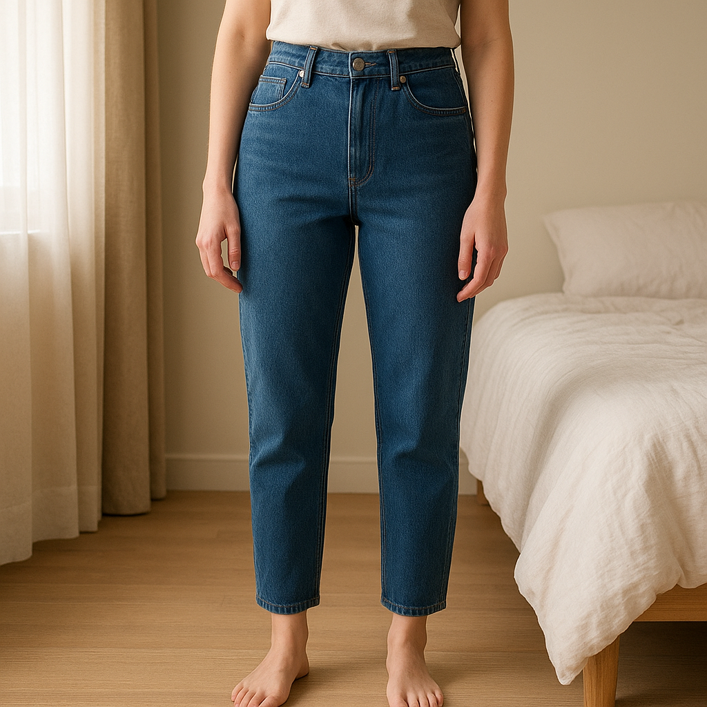 Blue. Denim jeans. standing straight facing the camera, in a softly lit bedroom setting, with gentle natural light filtering through a window.