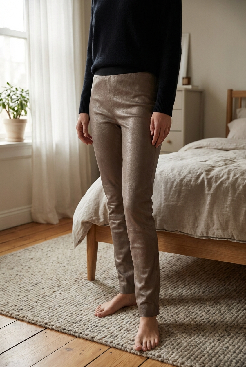 Cotelac legging cuir 2 debout, face à la caméra, dans une chambre à la lumière douce, avec une lumière naturelle filtrant par la fenêtre.