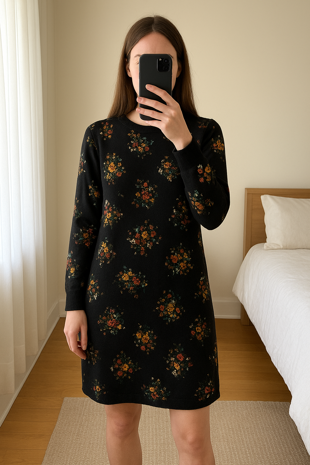 Pretty Next petite dress standing straight facing the camera, in a softly lit bedroom setting, with gentle natural light filtering through a window.