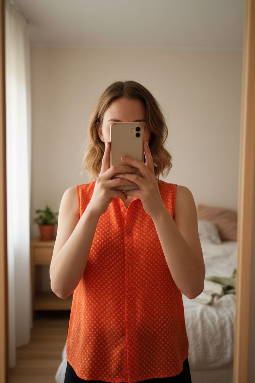 Blouse légère debout, face à la caméra, dans une chambre à la lumière douce, avec une lumière naturelle filtrant par la fenêtre.