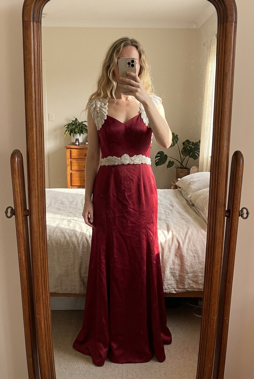 Robe de soirée robe de cocktail robe sans manches bordeaux Taille L très bon état debout, face à la caméra, dans une chambre à la lumière douce, avec une lumière naturelle filtrant par la fenêtre.