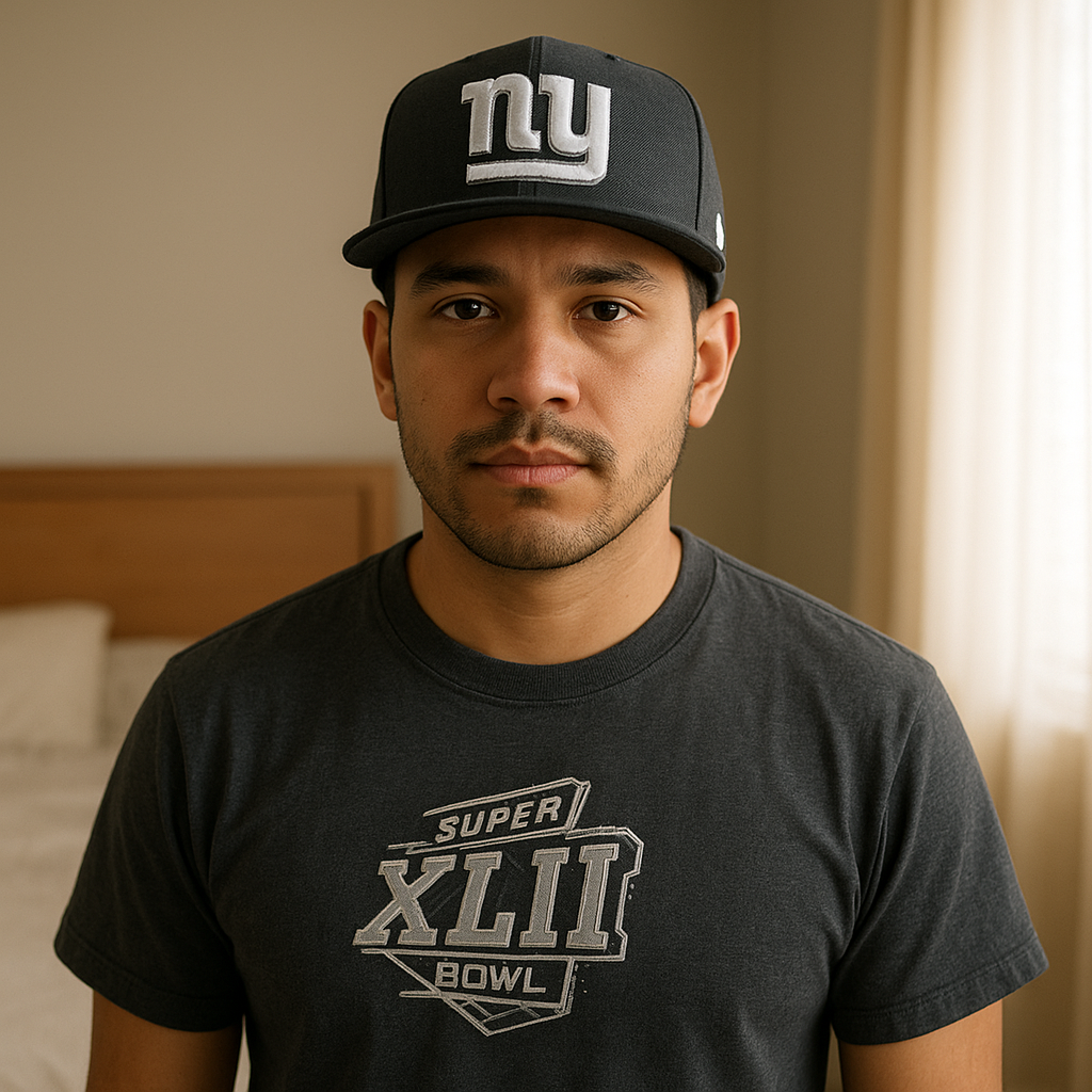 Casquette New era debout, face à la caméra, dans une chambre à la lumière douce, avec une lumière naturelle filtrant par la fenêtre.