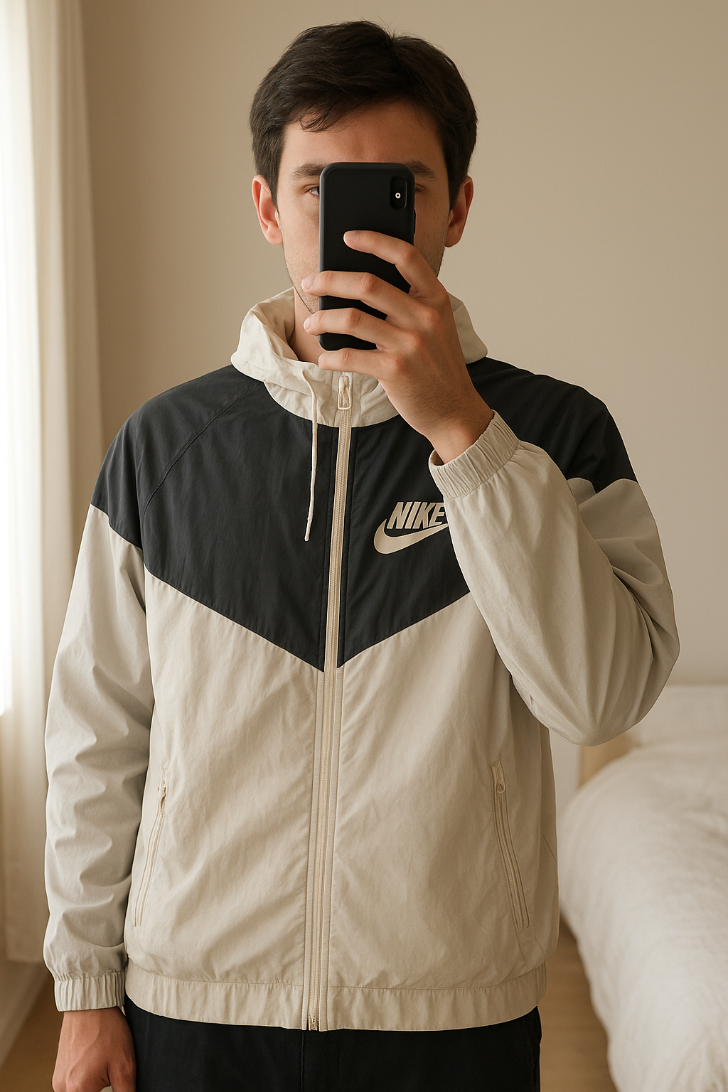 Veste nike coupe-vent debout, face à la caméra, dans une chambre à la lumière douce, avec une lumière naturelle filtrant par la fenêtre.