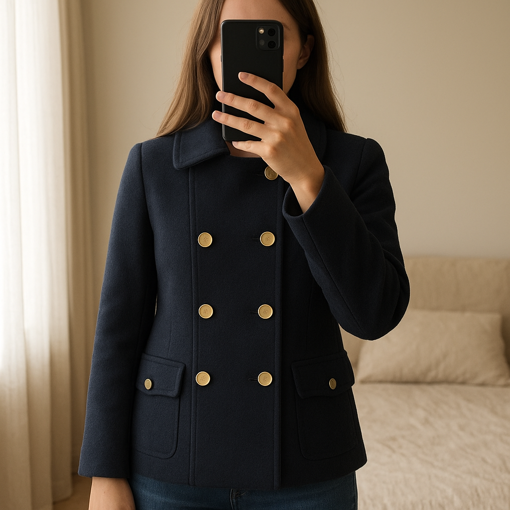 Women’s Plus Size 20 Yours Clothing BNWT Navy Coat standing straight facing the camera, in a softly lit bedroom setting, with gentle natural light filtering through a window.