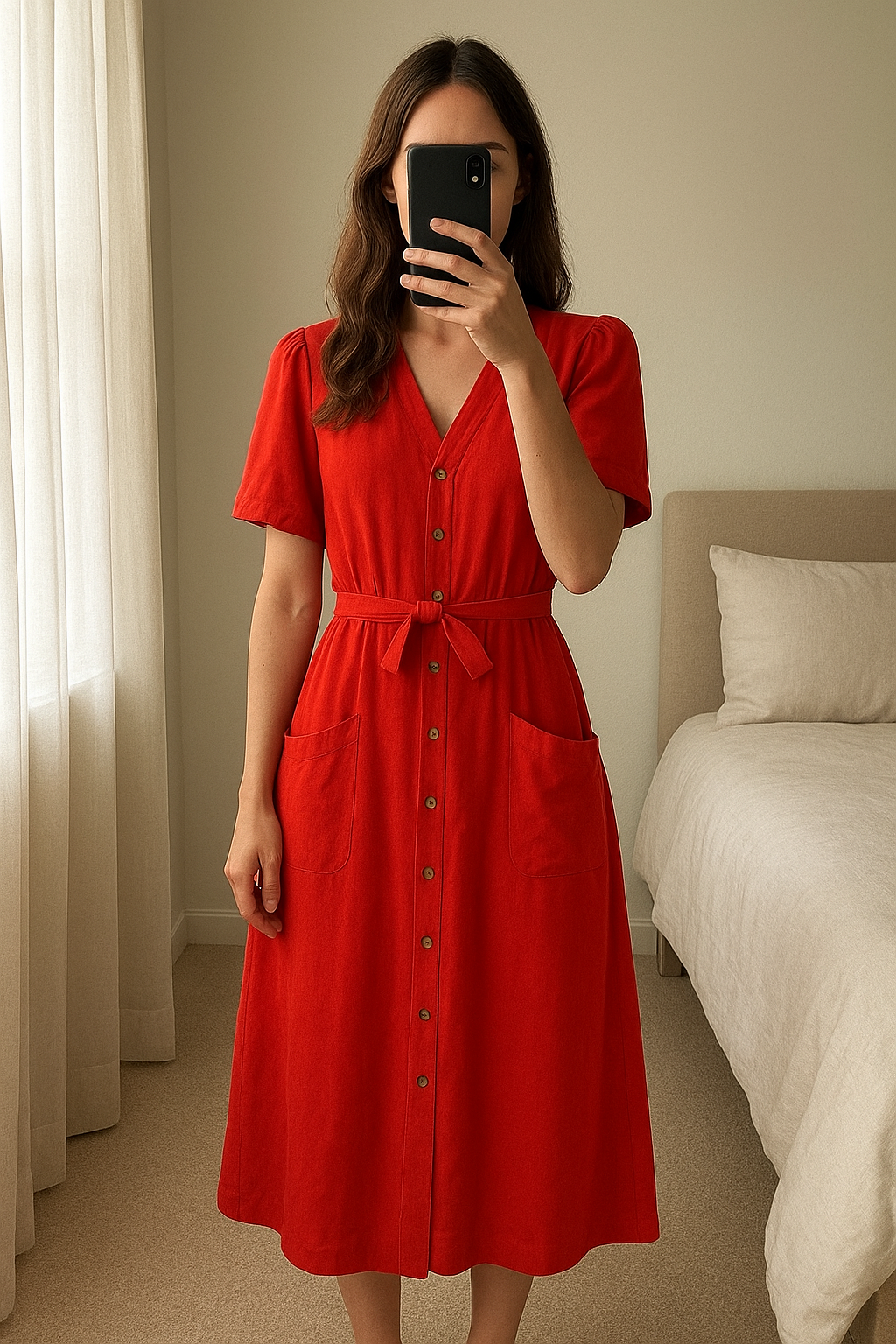 Whistles 100% Silk Mini Dress - New With Tags | Size 12 standing straight facing the camera, in a softly lit bedroom setting, with gentle natural light filtering through a window.