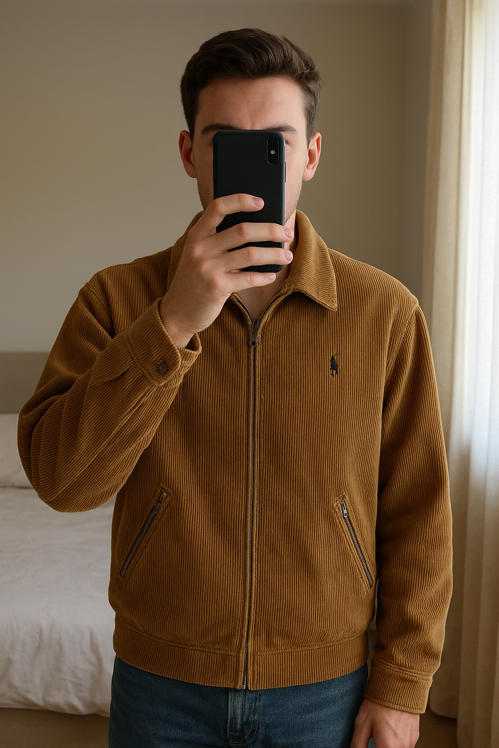 Ralph Lauren Harrington corduroy jas jack - L 11 debout, face à la caméra, dans une chambre à la lumière douce, avec une lumière naturelle filtrant par la fenêtre.