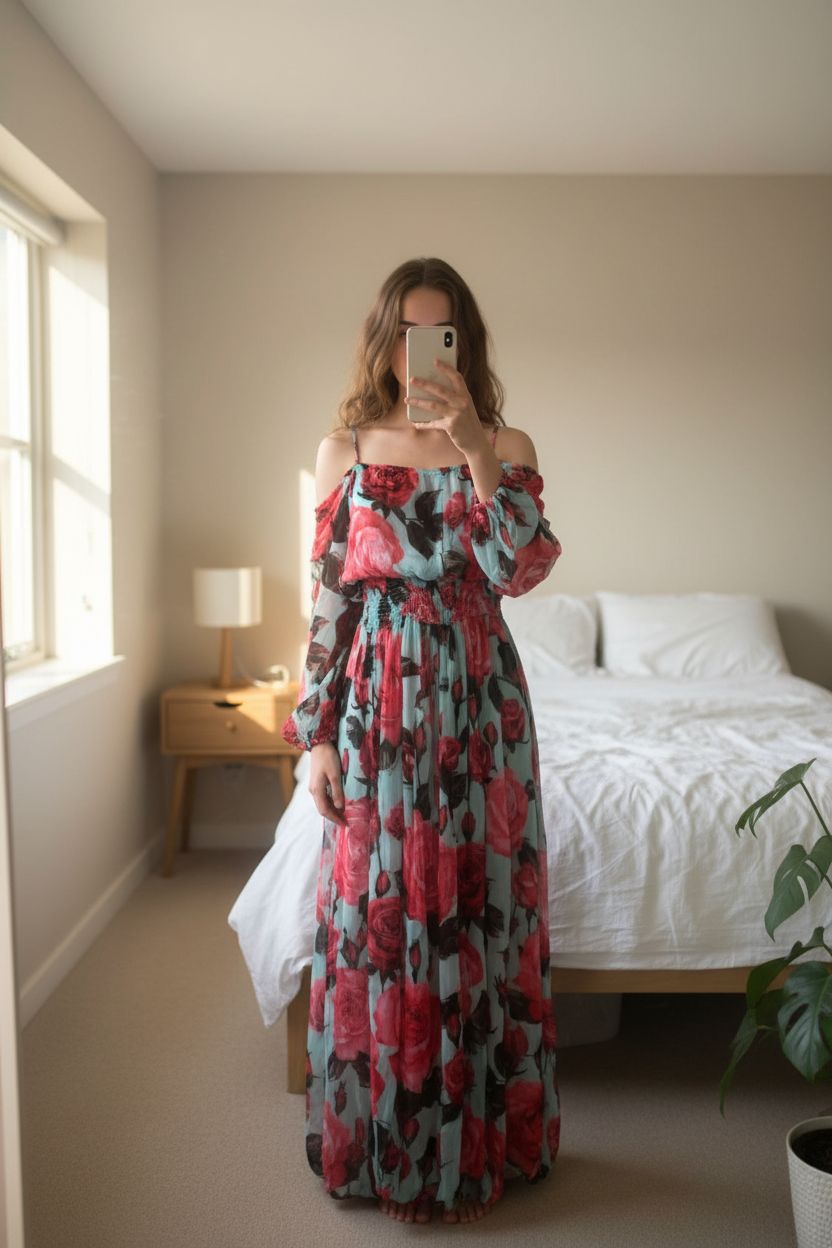 Combinaison en soie Dolce Gabbana debout, face à la caméra, dans une chambre à la lumière douce, avec une lumière naturelle filtrant par la fenêtre.