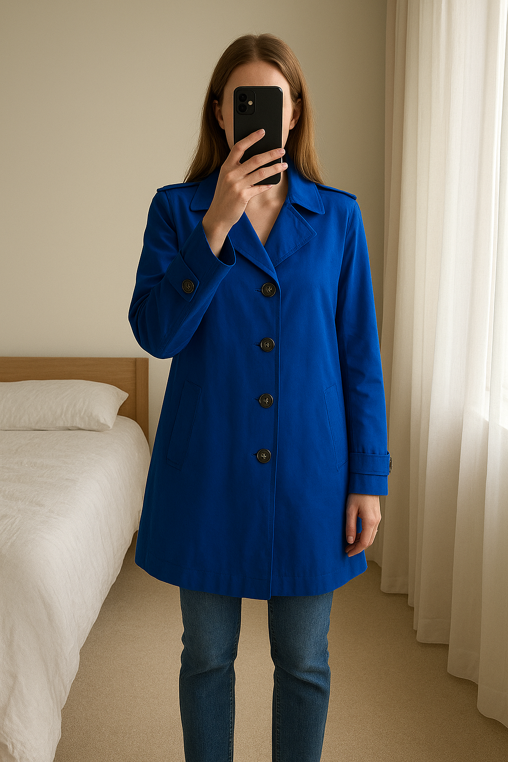 Hobbs London Mid Length Royal Blue Elegant Button Up Trench Coat - Size 12 standing straight facing the camera, in a softly lit bedroom setting, with gentle natural light filtering through a window.