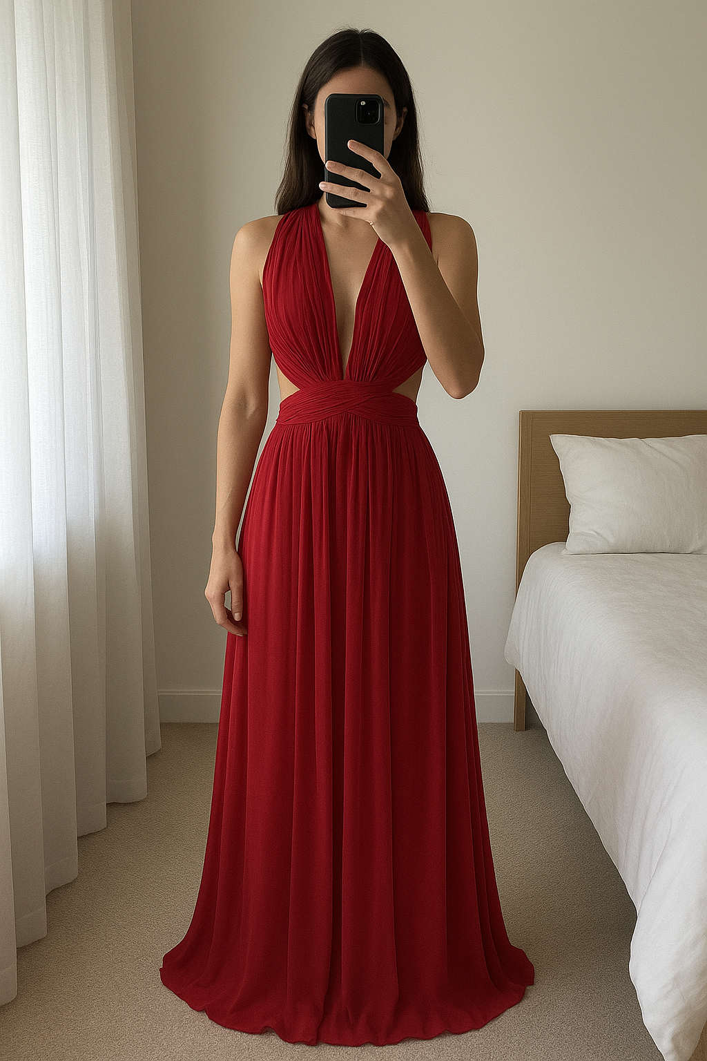 Robe de soirée rouge bordeaux femme debout, face à la caméra, dans une chambre à la lumière douce, avec une lumière naturelle filtrant par la fenêtre.