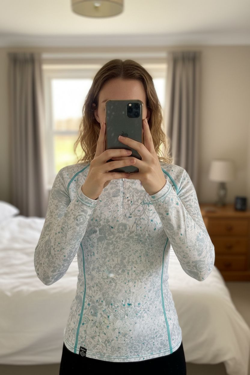 A person in Surfanic long sleeved base layer top wit zipped neck size large fits a 12 great standing straight facing the camera, in a softly lit bedroom setting, with gentle natural light filtering through a window.