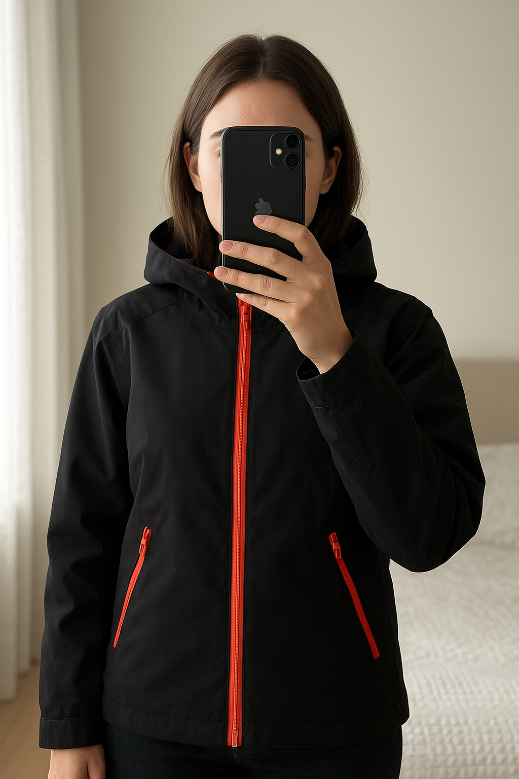 Manteau imperméable ( convenable ski ) debout, face à la caméra, dans une chambre à la lumière douce, avec une lumière naturelle filtrant par la fenêtre.