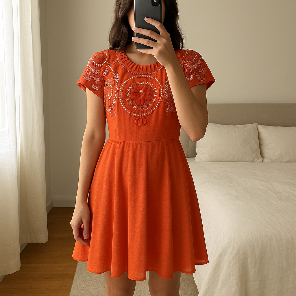 Robe Asos T36 debout, face à la caméra, dans une chambre à la lumière douce, avec une lumière naturelle filtrant par la fenêtre.