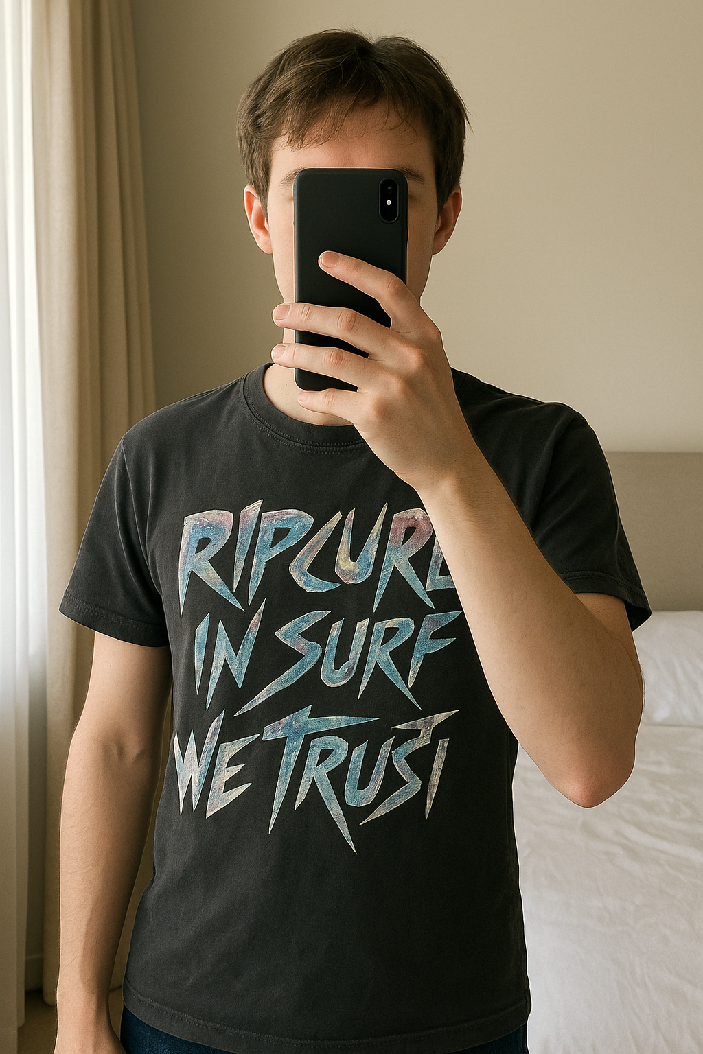 Tee shirt Ripcurl- enfant debout, face à la caméra, dans une chambre à la lumière douce, avec une lumière naturelle filtrant par la fenêtre.