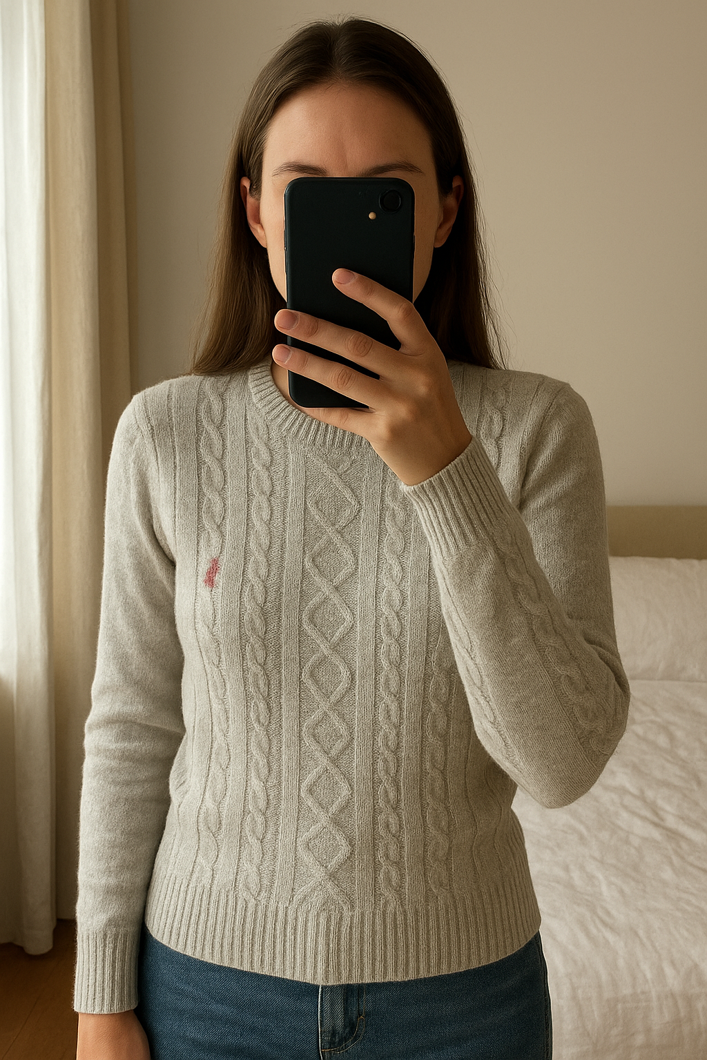 US Polo Ralph debout, face à la caméra, dans une chambre à la lumière douce, avec une lumière naturelle filtrant par la fenêtre.