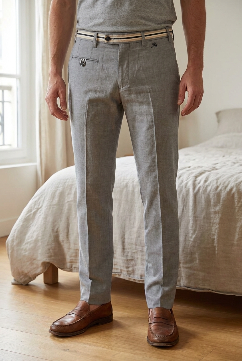 Pantalon IKKS homme debout, face à la caméra, dans une chambre à la lumière douce, avec une lumière naturelle filtrant par la fenêtre.