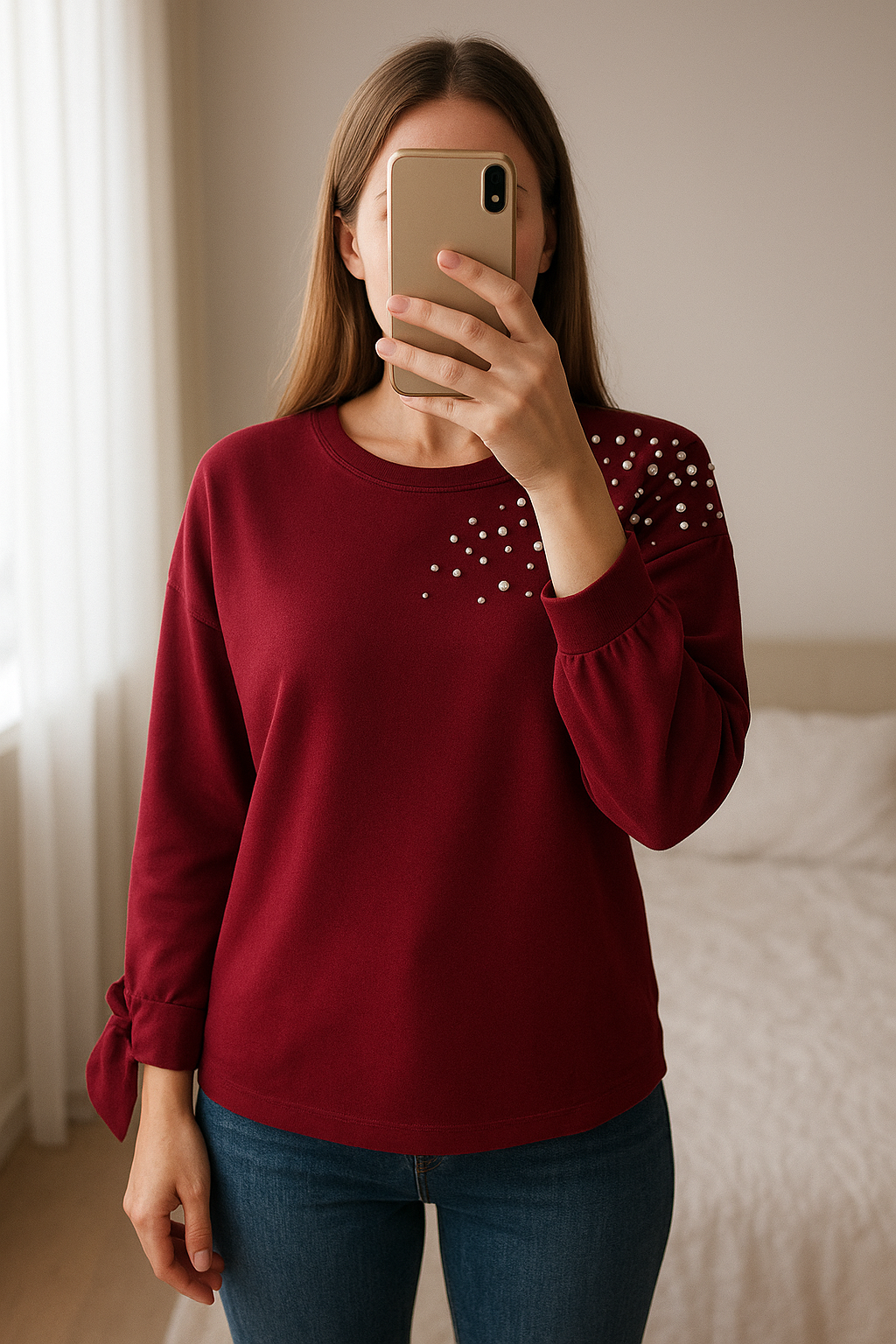 Camiseta granate Stradivarius de pie, mirando a la cámara, en un dormitorio con luz suave y natural filtrándose por la ventana.