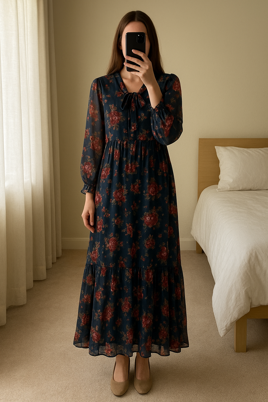 Longue robe à motifs M - Abito lungo donna in piedi, rivolto verso la fotocamera, in una camera da letto con luce soffusa e luce naturale che filtra dalla finestra.