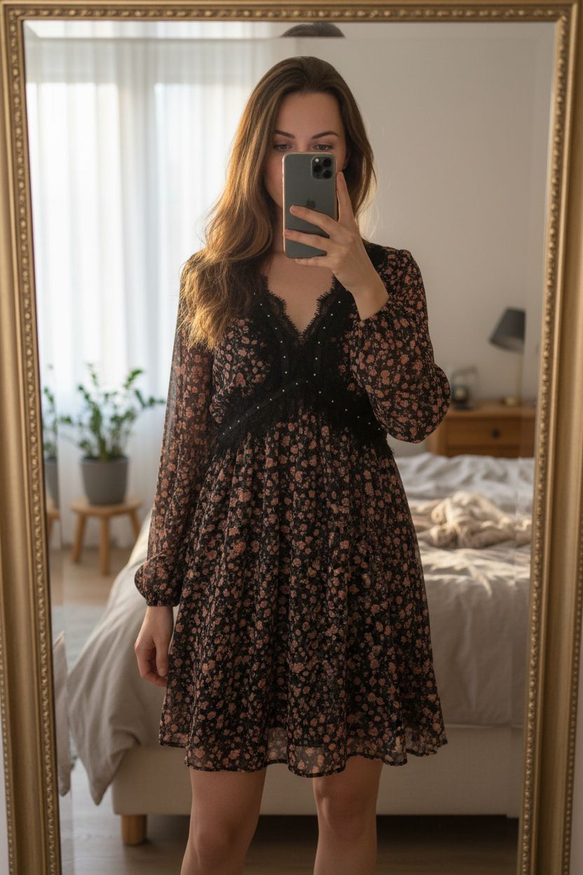 Vestido de flores de pie, mirando a la cámara, en un dormitorio con luz suave y natural filtrándose por la ventana.