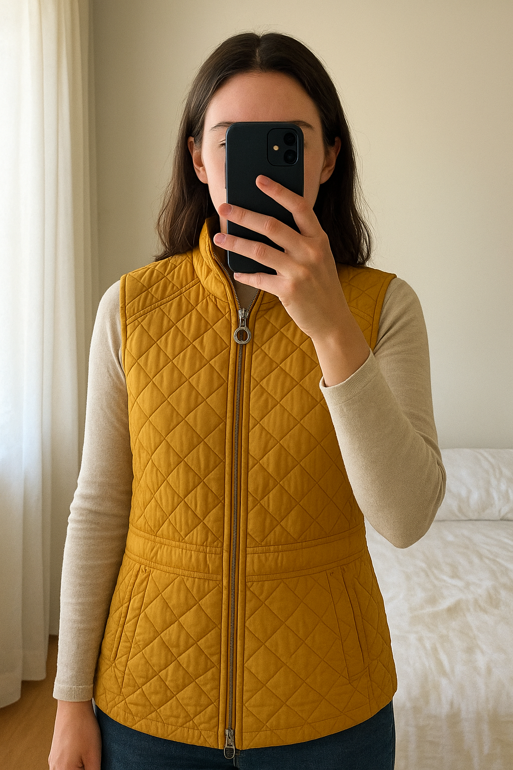 Regatta body warmer standing straight facing the camera, in a softly lit bedroom setting, with gentle natural light filtering through a window.