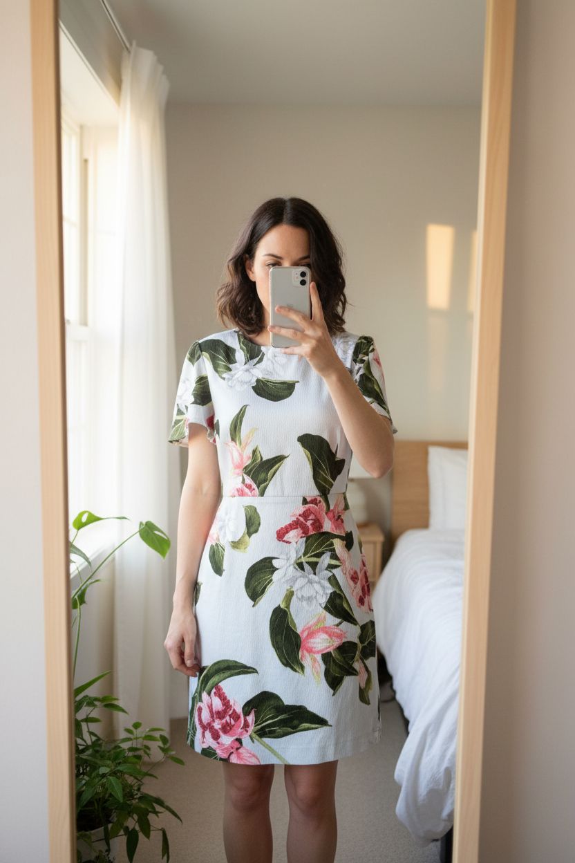 Robe d’été mango debout, face à la caméra, dans une chambre à la lumière douce, avec une lumière naturelle filtrant par la fenêtre.