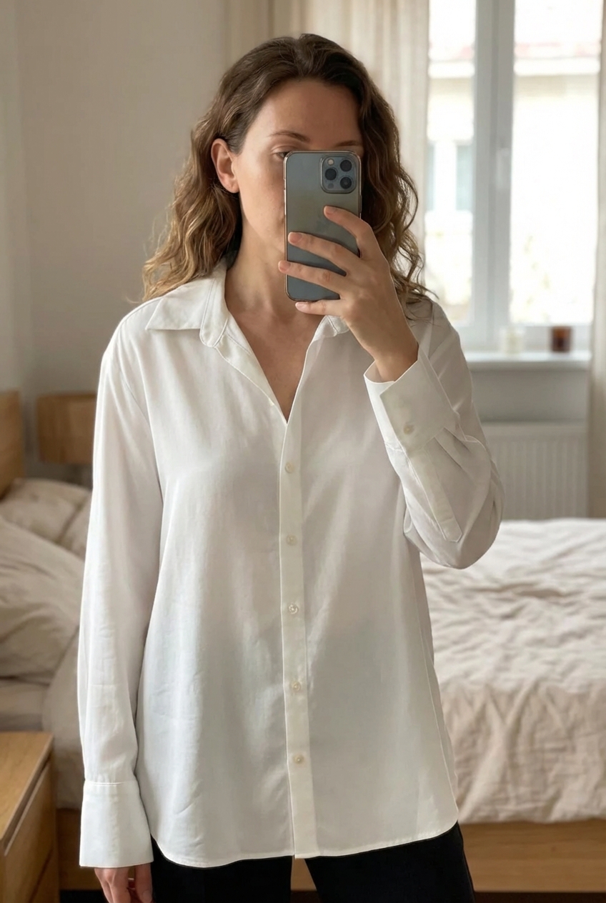 Camisa recta mujer Mango de pie, mirando a la cámara, en un dormitorio con luz suave y natural filtrándose por la ventana.