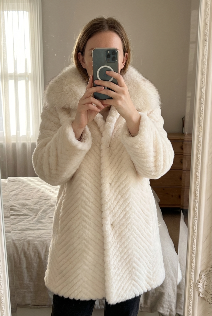 Winter wedding - ivory faux fur coat standing straight facing the camera, in a softly lit bedroom setting, with gentle natural light filtering through a window.