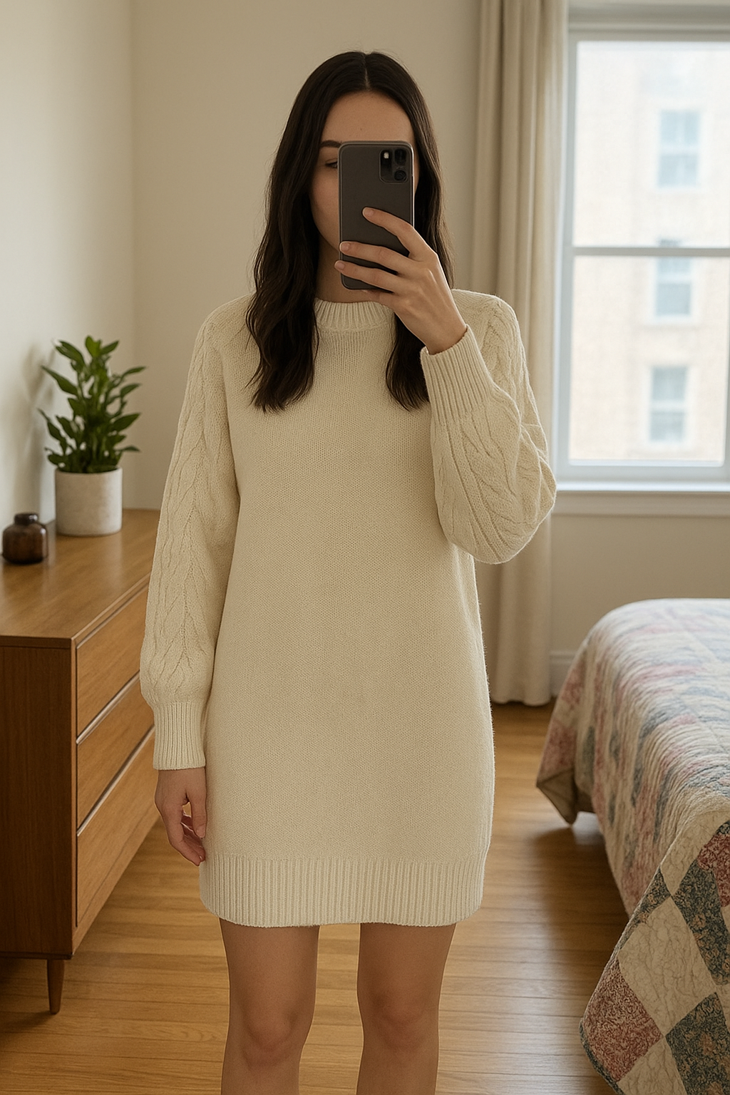 Robe Pull Crème SHEIN - Neuf debout, face à la caméra, dans une chambre à la lumière douce, avec une lumière naturelle filtrant par la fenêtre.