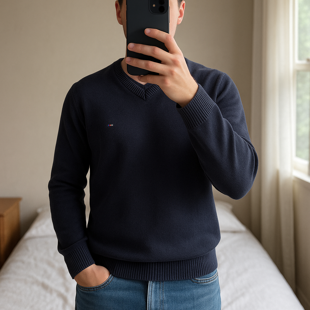 Pull Vintage Col V 100% Coton Tommy Hilfiger Bleu Marine M debout, face à la caméra, dans une chambre à la lumière douce, avec une lumière naturelle filtrant par la fenêtre.