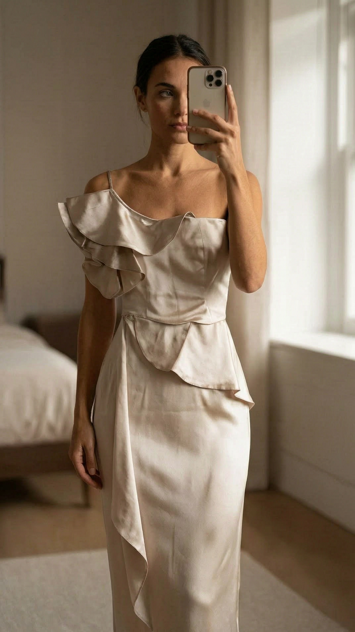 A person in Karen Millen Shoulder Satin Midi Dress standing straight facing the camera, in a softly lit bedroom setting, with gentle natural light filtering through a window.